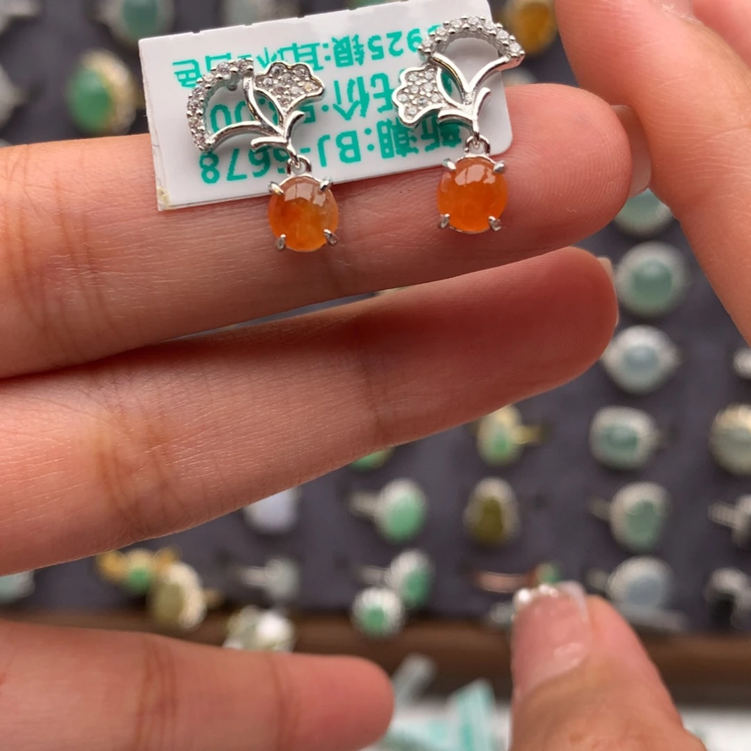 翡翠银S925镶嵌戒指耳钉