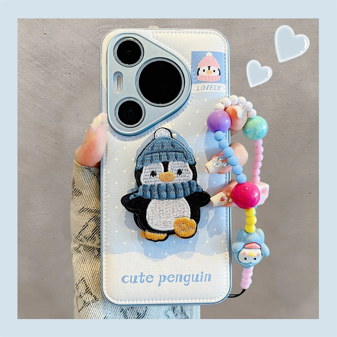 适用华为pura70pro+手机壳可爱卡通波点蓝围巾企鹅pura80pro软壳