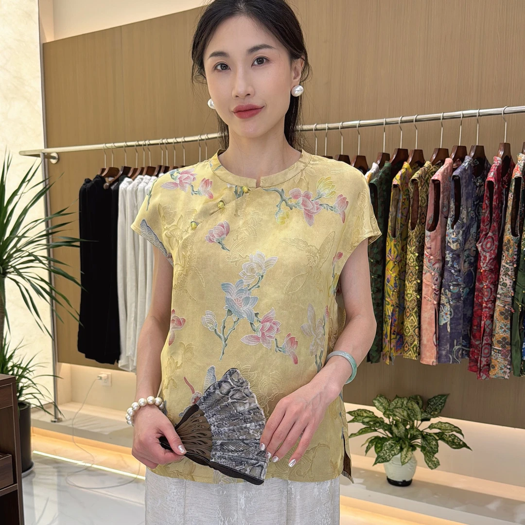 花纹飞袖中长款薄款中国风印染重磅上衣短款提花休闲气质时尚