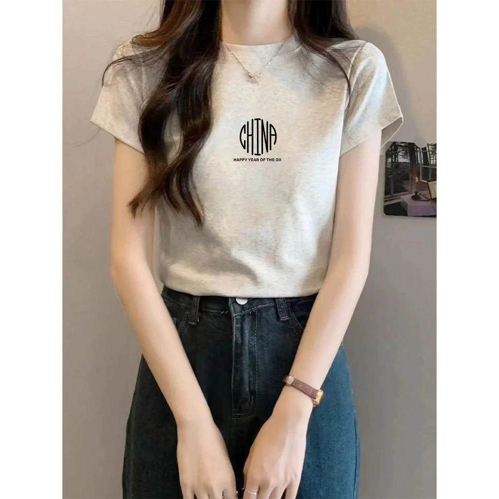 正肩纯棉短袖t恤女2025新款时尚百搭洋气减龄浅花灰色上衣夏季潮