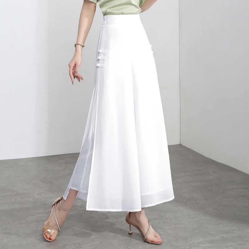 国风开叉阔腿裤女2025年新款高腰宽松显瘦夏季裙裤垂感雪纺九分裤