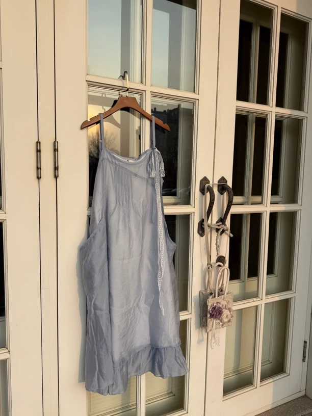 编号B669 花衣部落夏季蓝色长款设计感吊带裙女