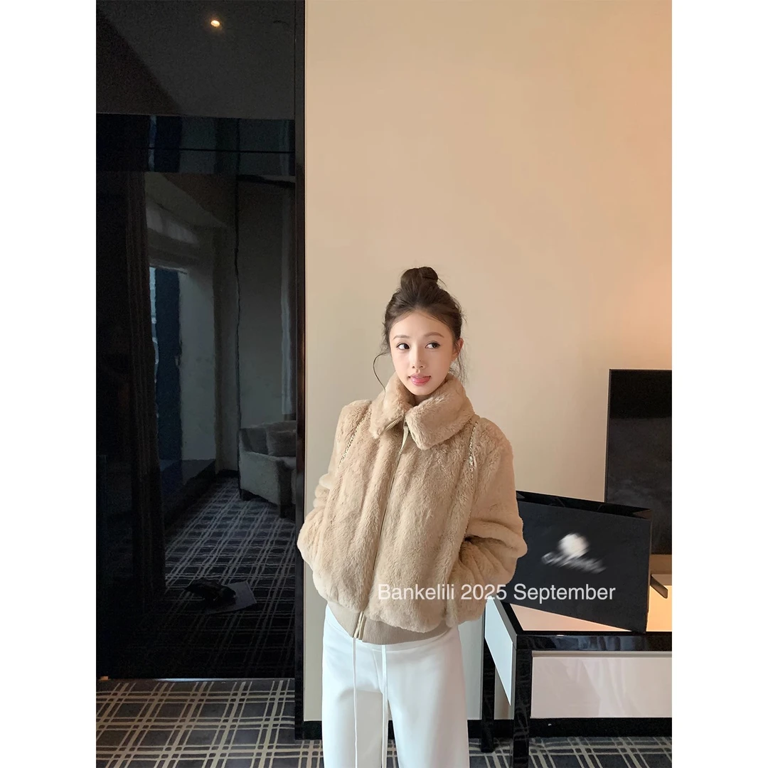 板栗可可Bankelili 独!ann酱同款环葆立领保暖好穿毛毛外套女