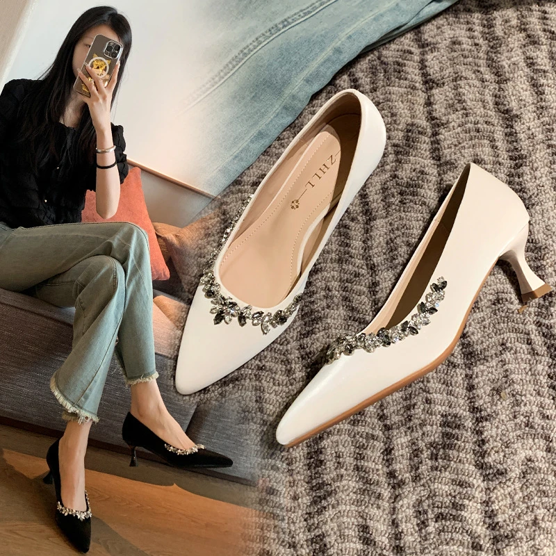 020412-5法式高跟鞋细跟浅口尖头女单鞋礼服鞋加宽加肥大码女鞋