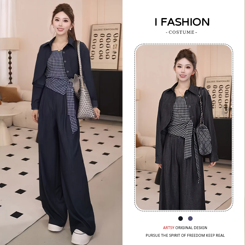 韩系时尚百搭套装女2025年春秋新款吊带背心遮肉外套阔腿裤三件套