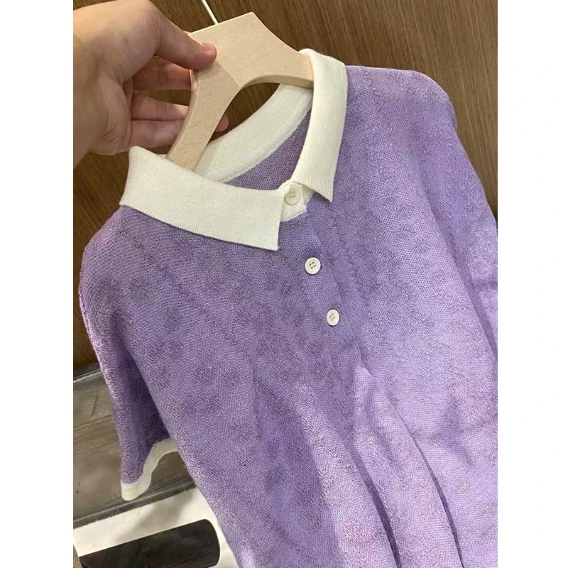/花海紫/ tt百搭休闲时尚宽松针织女装上衣圆领短袖女士