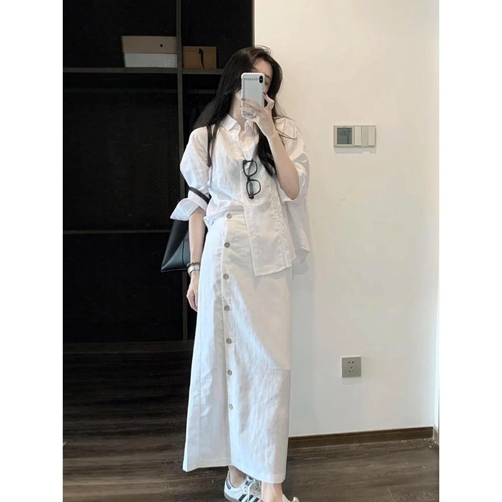 法式松弛感白色亚麻衬衫套装女夏老钱风宽松减龄衬衣半身裙两件套