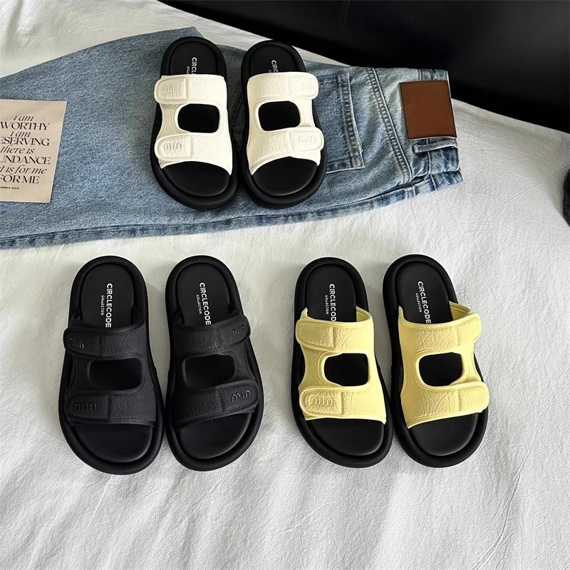 网红爆款厚底拖鞋女夏外穿2025新款魔术贴凉拖鞋配裙子沙滩一字拖