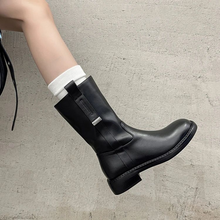 3.5cm覆古真皮粗跟马丁靴子女2025新款秋冬中筒西部靴