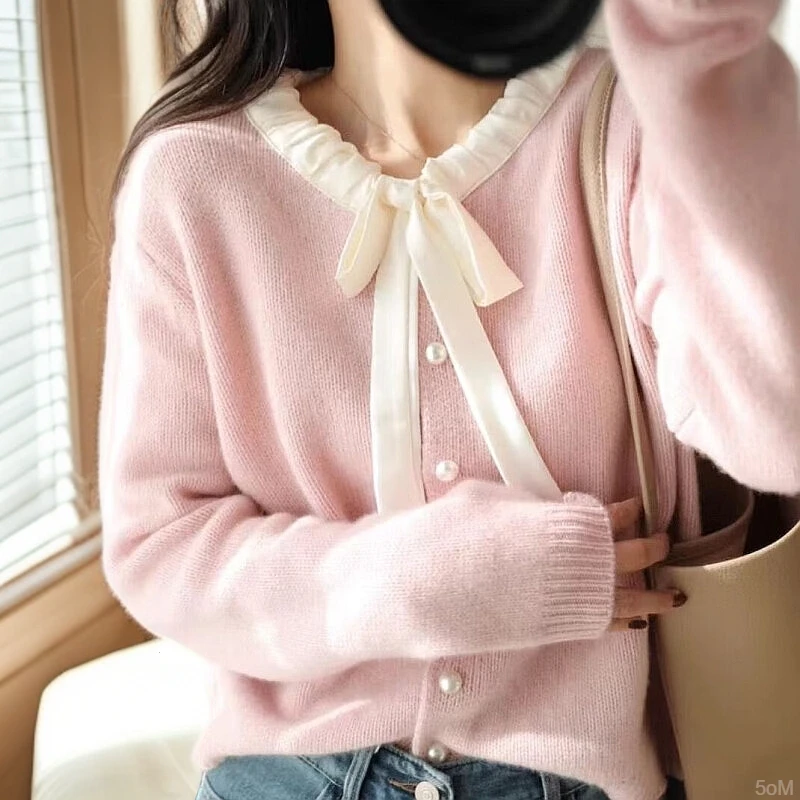 法式气质木耳边拼接长袖针织衫女秋季新款洋气短款开衫显瘦上衣潮