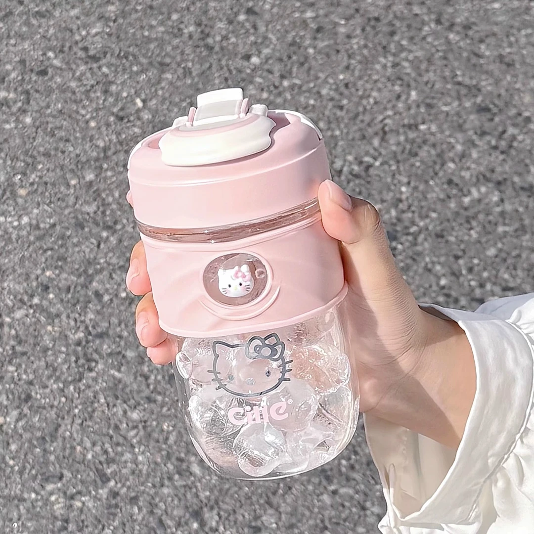希乐玻璃杯女生夏季耐高温带吸管水杯可爱凯蒂猫双饮便携咖啡杯子