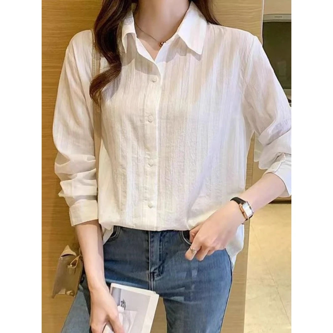 法式长袖衬衫防晒外套夏款小个子薄款女装设计感条纹白色衬衣上衣