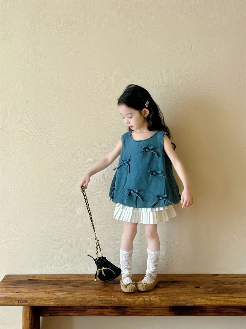 2025夏季新款女童洋气牛仔套装儿童蝴蝶结牛仔B5092背心裙裤1234
