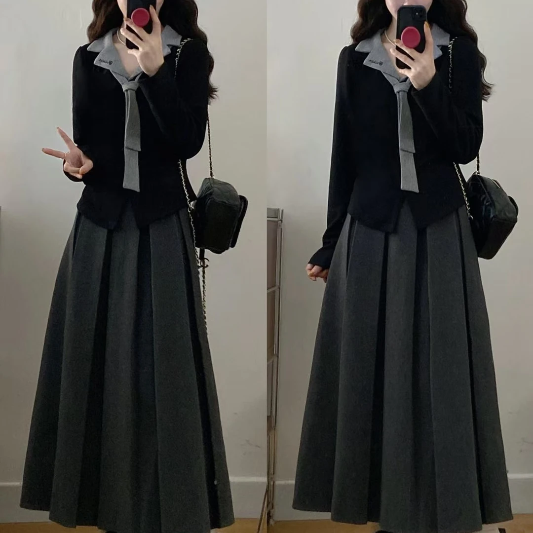 2025秋季新款大码女装胖mm假两件翻领刺绣上衣+百褶长裙两件套