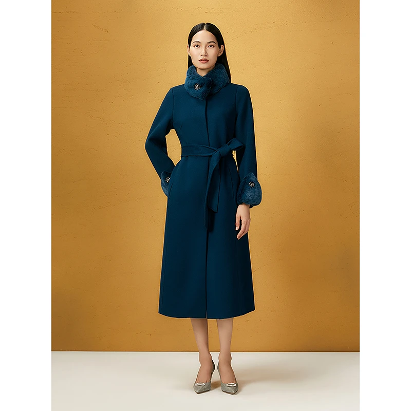 Song of Song歌中歌2025海军蓝水貂毛拼接绵羊毛大衣5C65580090
