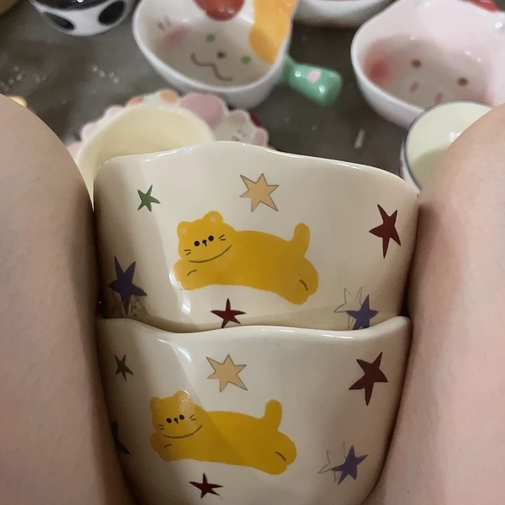 稻谷壳黄猫米饭碗两个