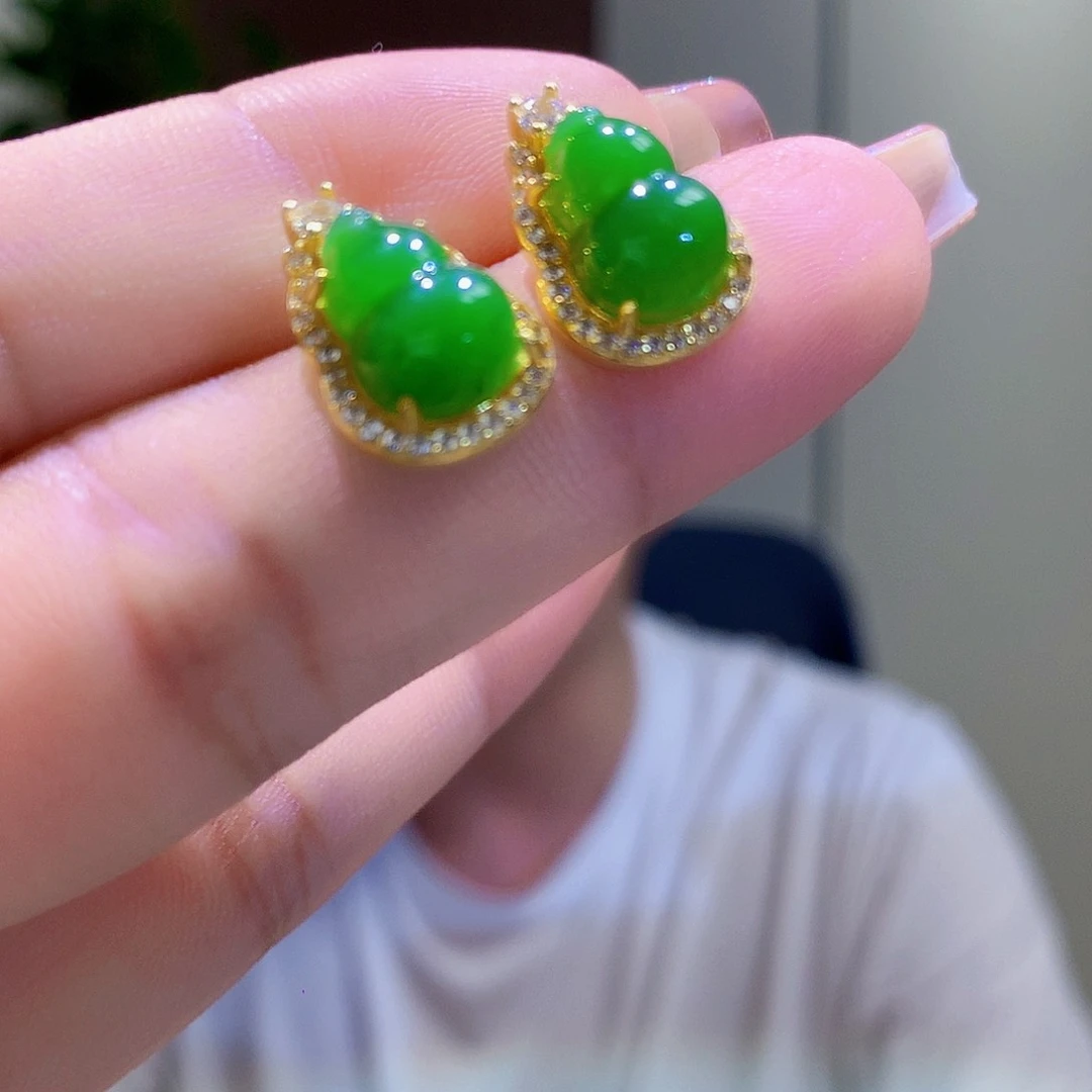 和田玉（碧玉）银S925镀金镶嵌耳饰