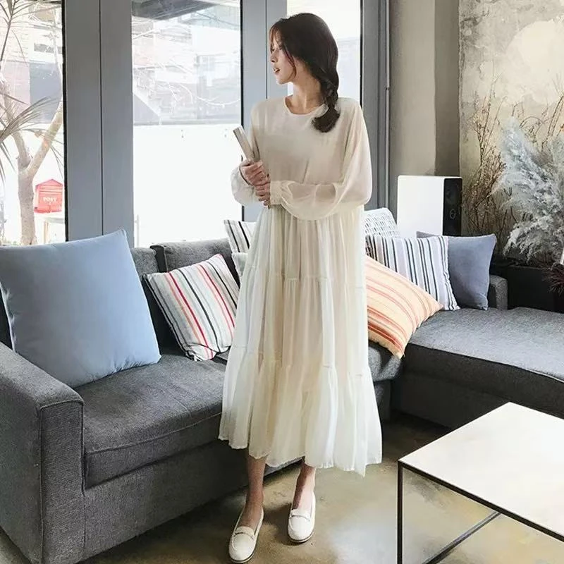 8064 GZ春秋季韩版新款中长款宽松飘逸仙气连衣裙显瘦甜美