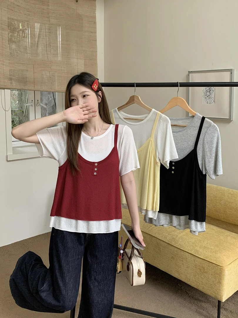 【瑶妮专属】夏季大码韩系撞色假两件针织衫叠穿吊带拼接上衣68650