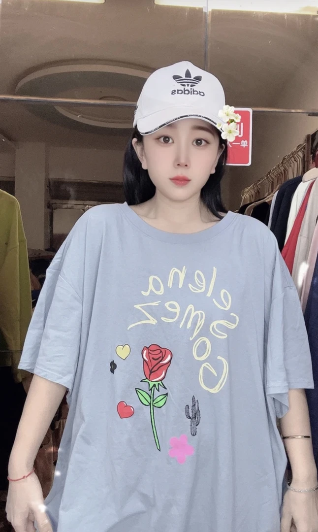 外贸纯棉大码T恤蓝色玫瑰花