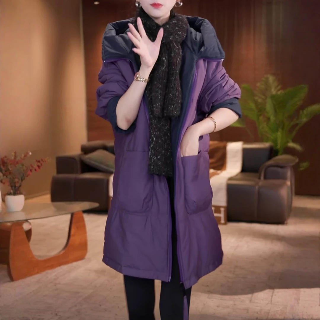 复古双面双穿连帽棉服2025冬季气质时尚加厚保暖中长款棉服外套女