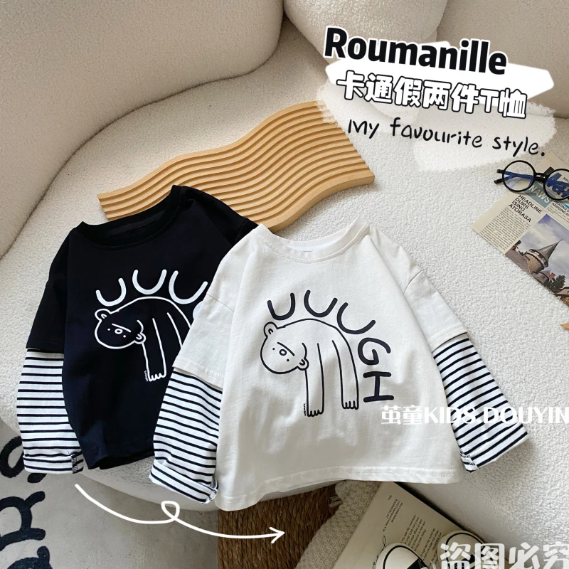 【麦麦妈】Q256春秋小童卡通假两件打底衫秋季新品男女宝宝休闲宽松