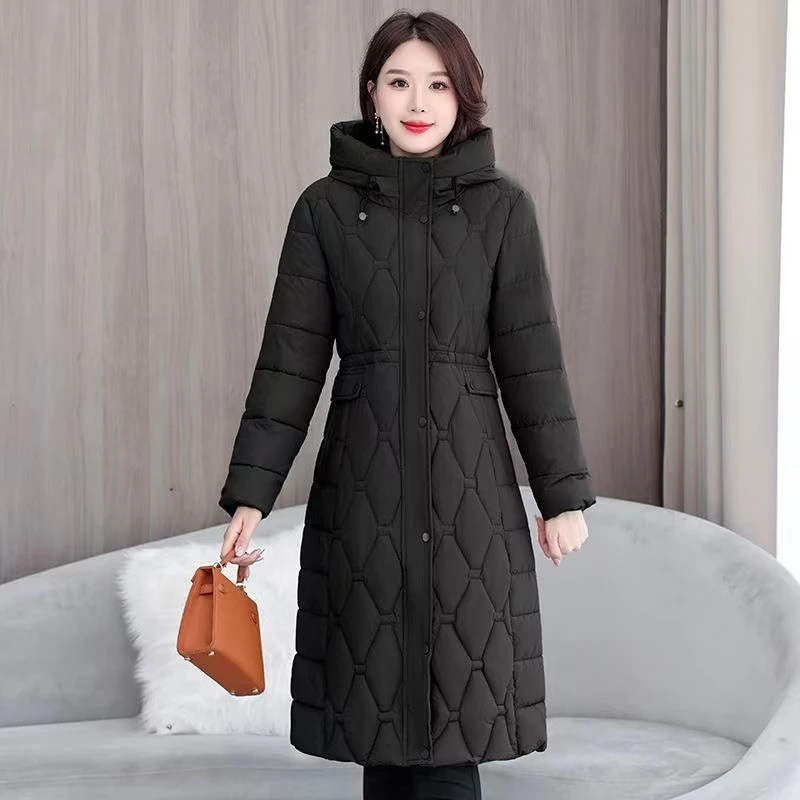 时尚过膝羽绒棉衣棉服2025冬季女新款长款修身收腰加厚棉袄外套