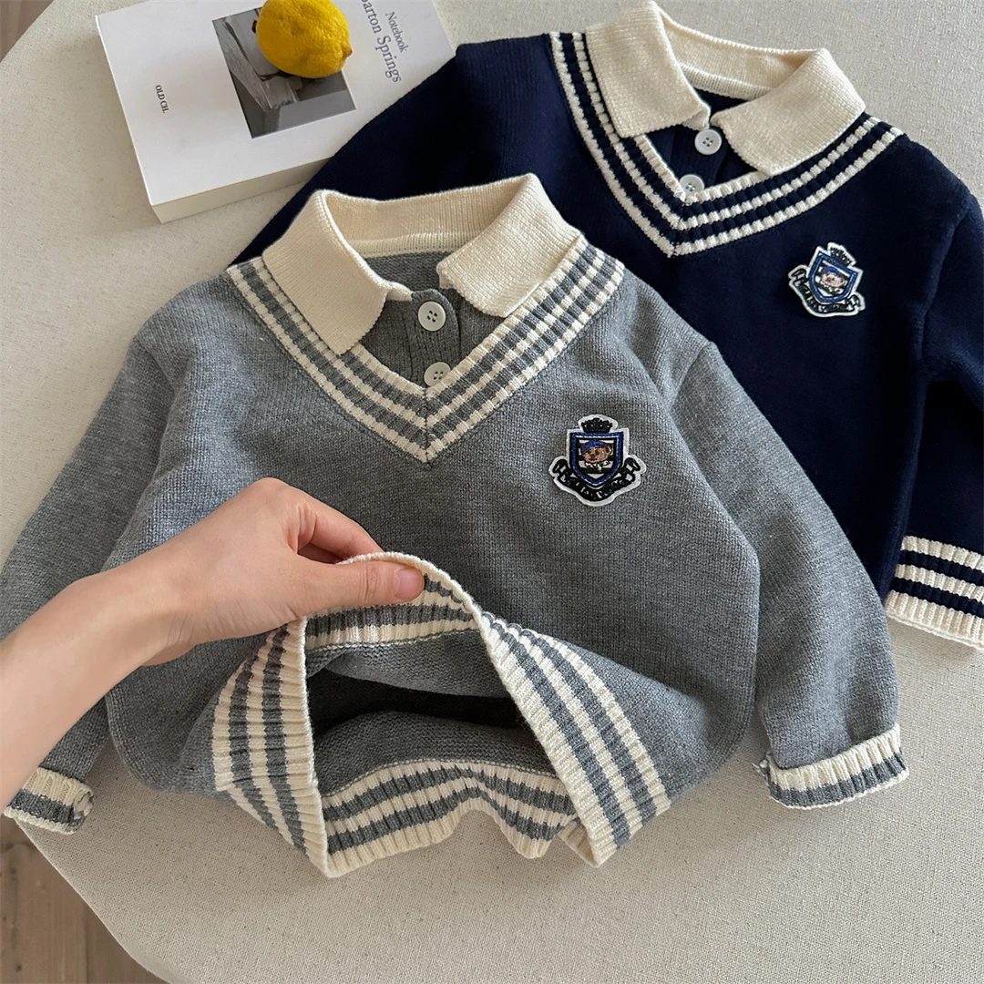 儿童polo领毛衣2025秋冬慵懒风时尚毛衣男宝宝刺绣假两件毛衣
