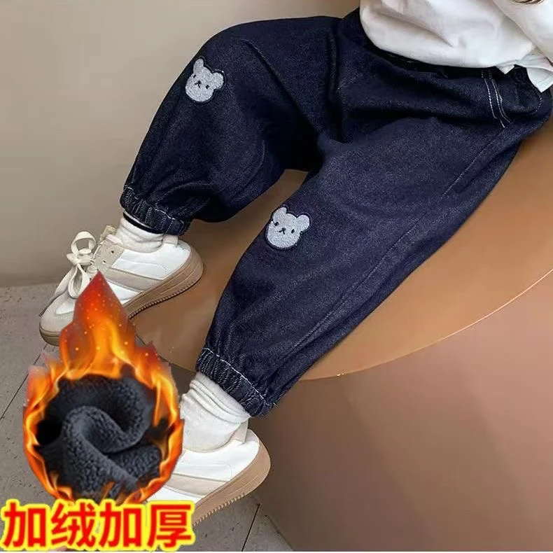 冬季儿童男女童牛仔裤新款裤子加绒可爱休闲一体绒洋气宝宝休闲裤