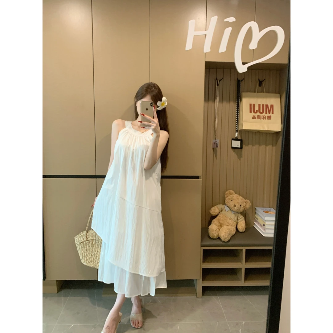 实拍实价韩系挂脖褶皱拼接气质连衣裙女2025夏季宽松度假温柔长裙