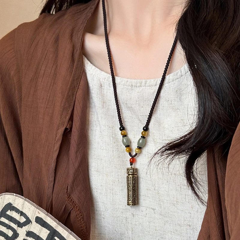 铜布艺项链 民族风嘎乌盒吊坠项链可打开藏式复古黑绳毛衣链配饰