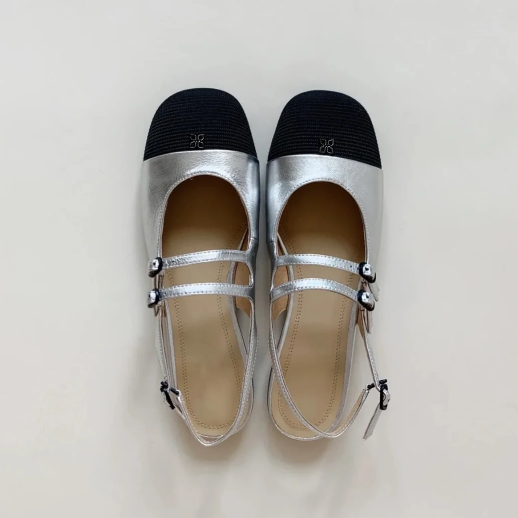 百搭真皮银色小香风玛丽珍鞋女2025新款一字扣带包头凉鞋单鞋