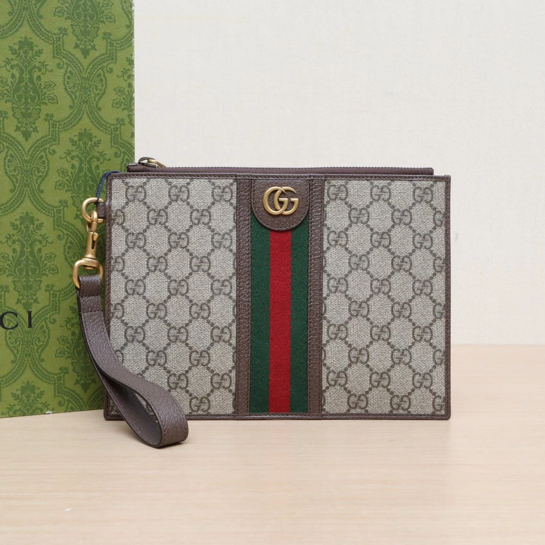 95新 GUCCI/古驰 花花Ophidia 系列 织纹 手拿包 老花 PVC