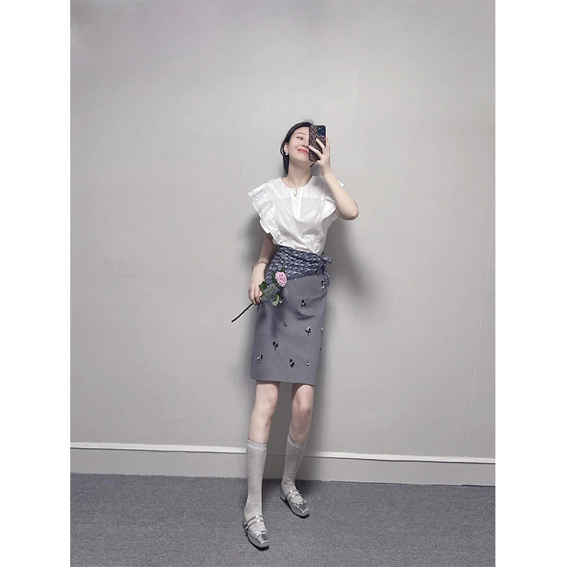 夏季荷叶边小飞袖衬衫清冷系衣服温柔风高腰气质a字半身裙两件套