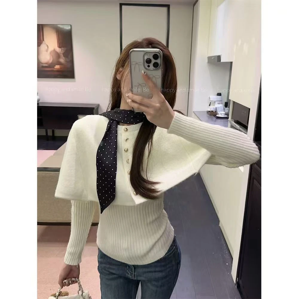 复古圆领斗篷毛衣冬季加厚披肩女两件套装软糯毛衣针织衫2025新款