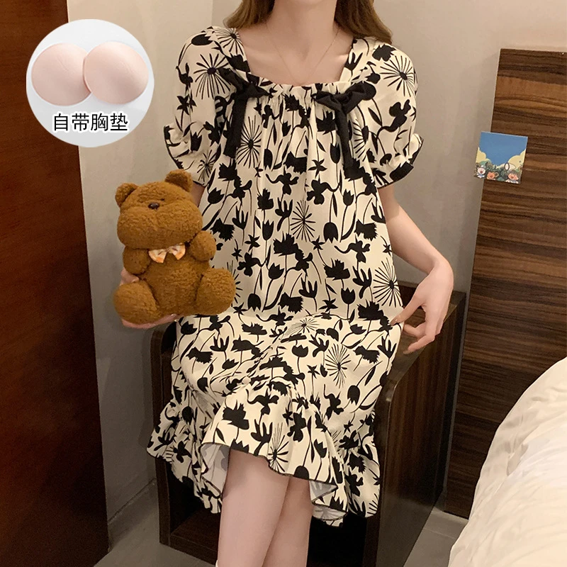 睡衣女夏季带胸垫短袖泡泡棉睡裙甜美可爱薄款家居服可外穿