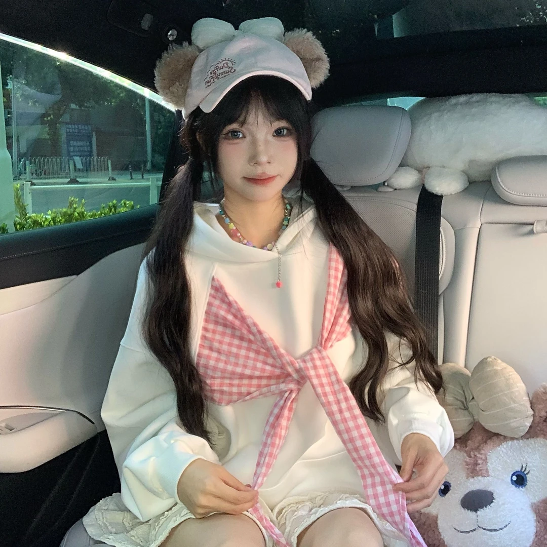 2025春秋季美式学院风超酷蝴蝶结绑带连帽女慵懒小个子宽松上衣