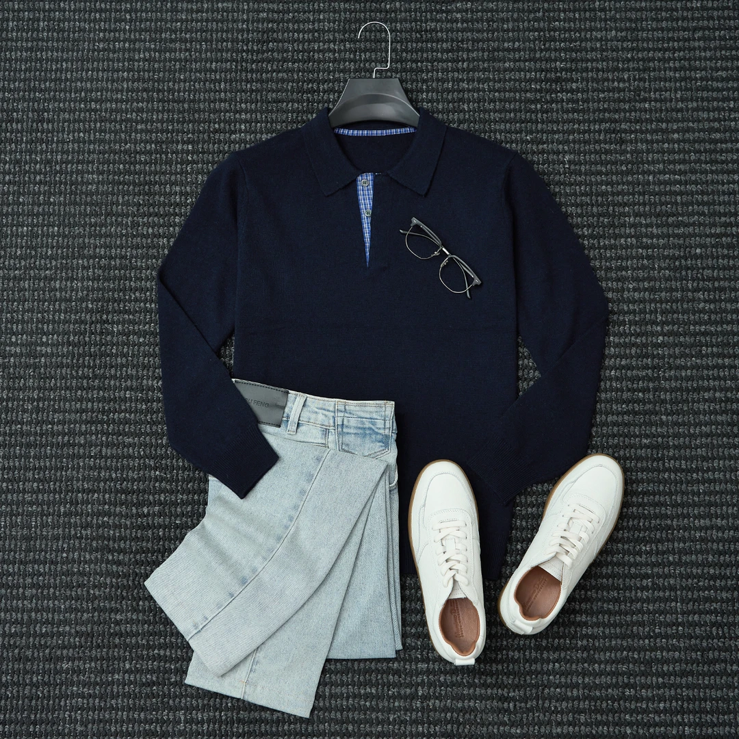 There isrice秋冬商务保暖休闲线衣男士翻领针织修身毛衣男羊毛衫