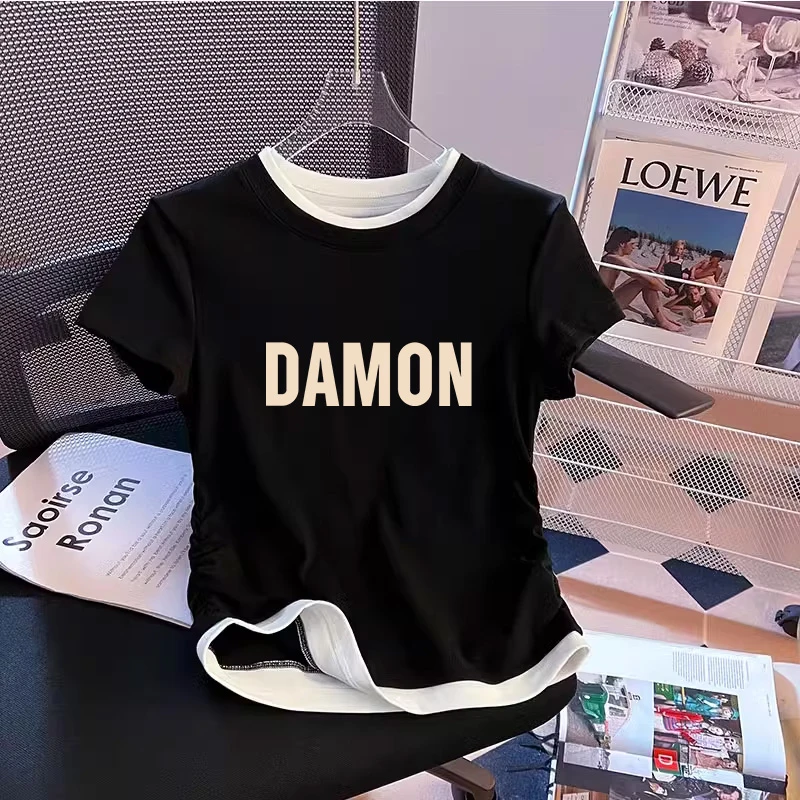 假两件收腰短袖t恤女2025新款圆领拼接时尚减龄修身显瘦上衣夏季