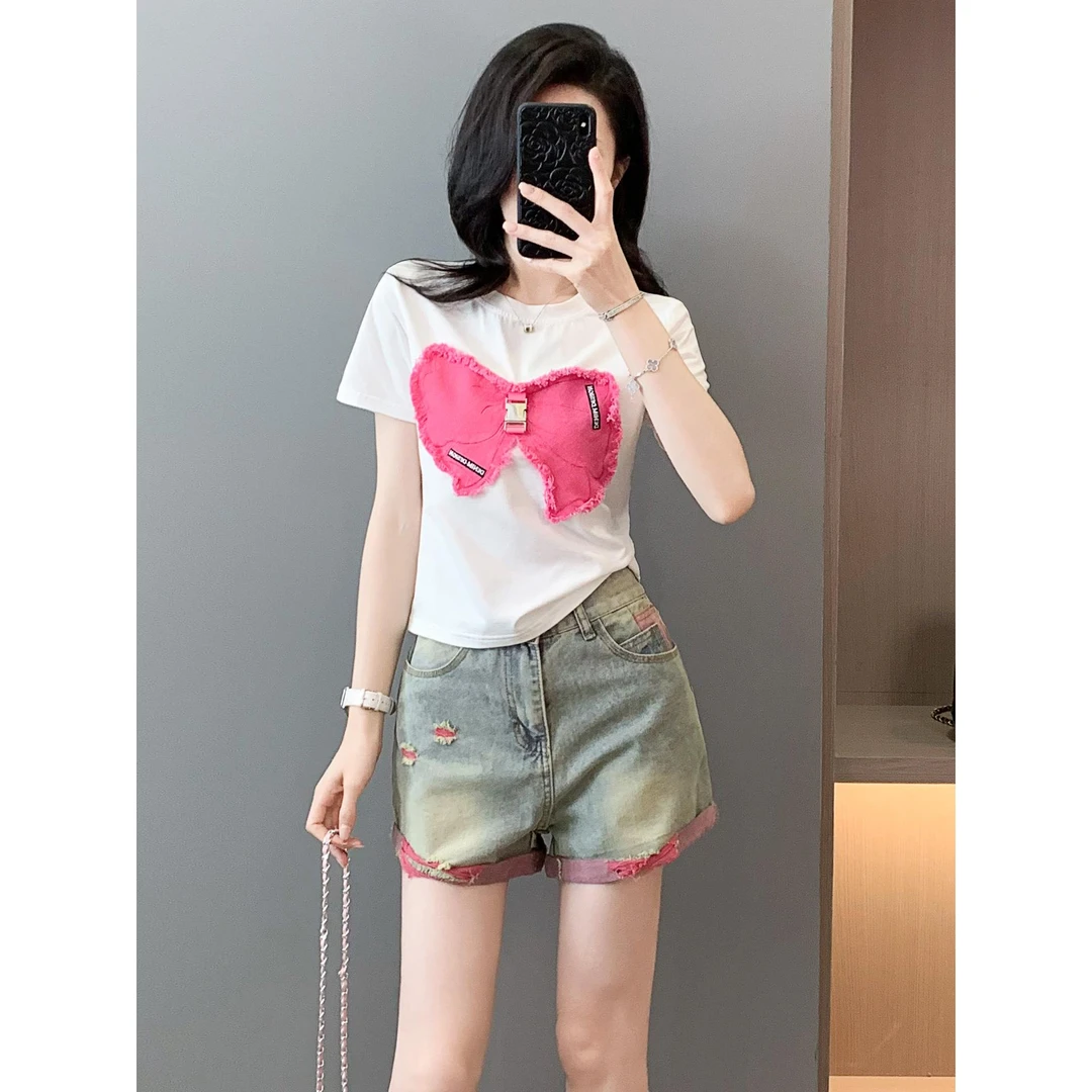 巨好看夏装一整套美式蝴蝶结T恤牛仔短裤小个子甜辣风两件套装女