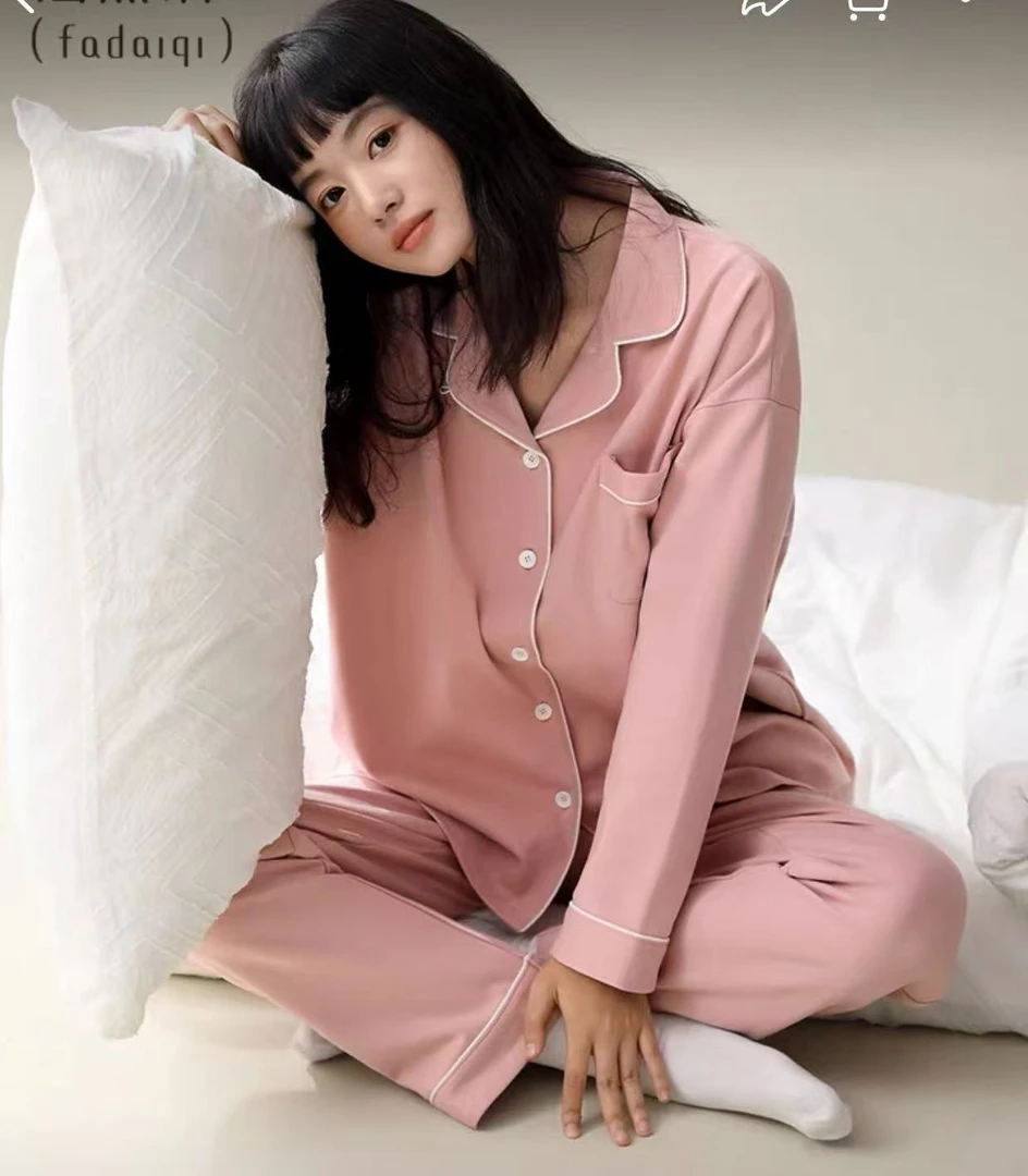 100%纯棉男女同款睡衣春秋夏季大码长袖宽松套装简约家居服