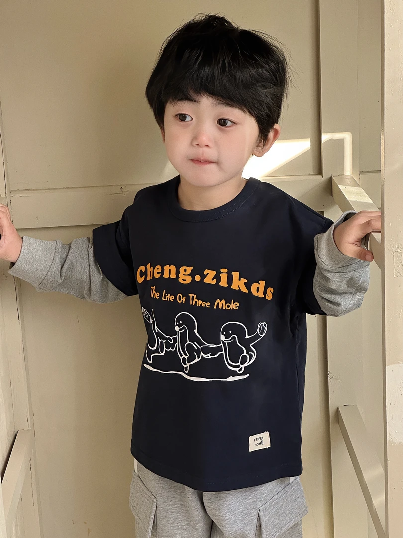 现货2025春【小企鹅假两件T】日系高克重感竹节棉圆领长袖T恤CZ5C33