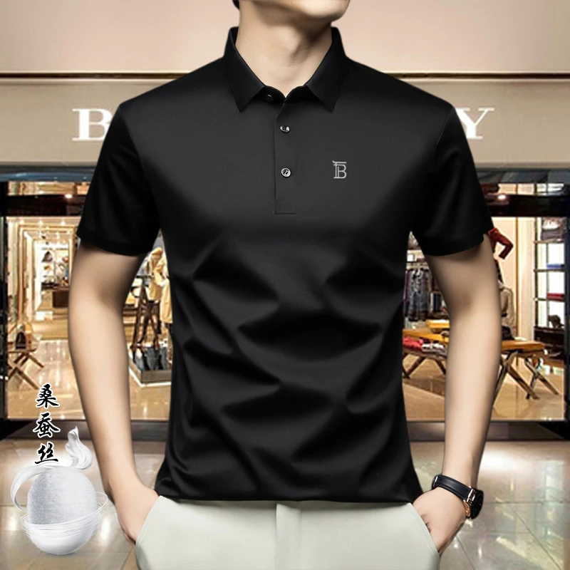 【品牌撤柜 限购两单】专柜大牌轻奢男士休闲桑蚕丝纯色翻领polo衫