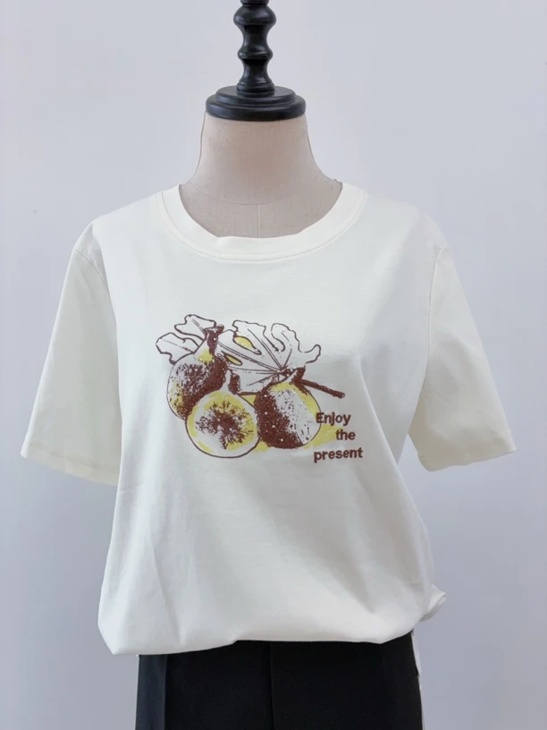 短袖纯棉直筒型印花白色圆领T恤显瘦宽松刺绣常规夏装夏季设计感