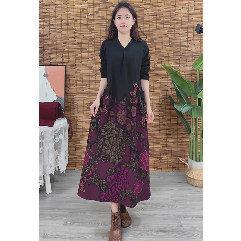 【605玫红牡丹 】春季新款长袖提花棉连衣裙宽松遮肉气质洋气显瘦