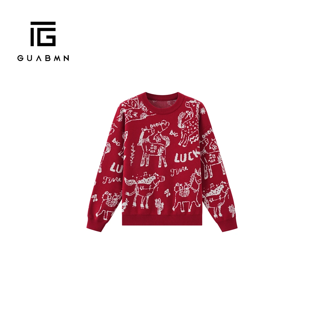 GUABMN2025冬季新款本命年马上有钱男女同款针织衫保暖毛衣220