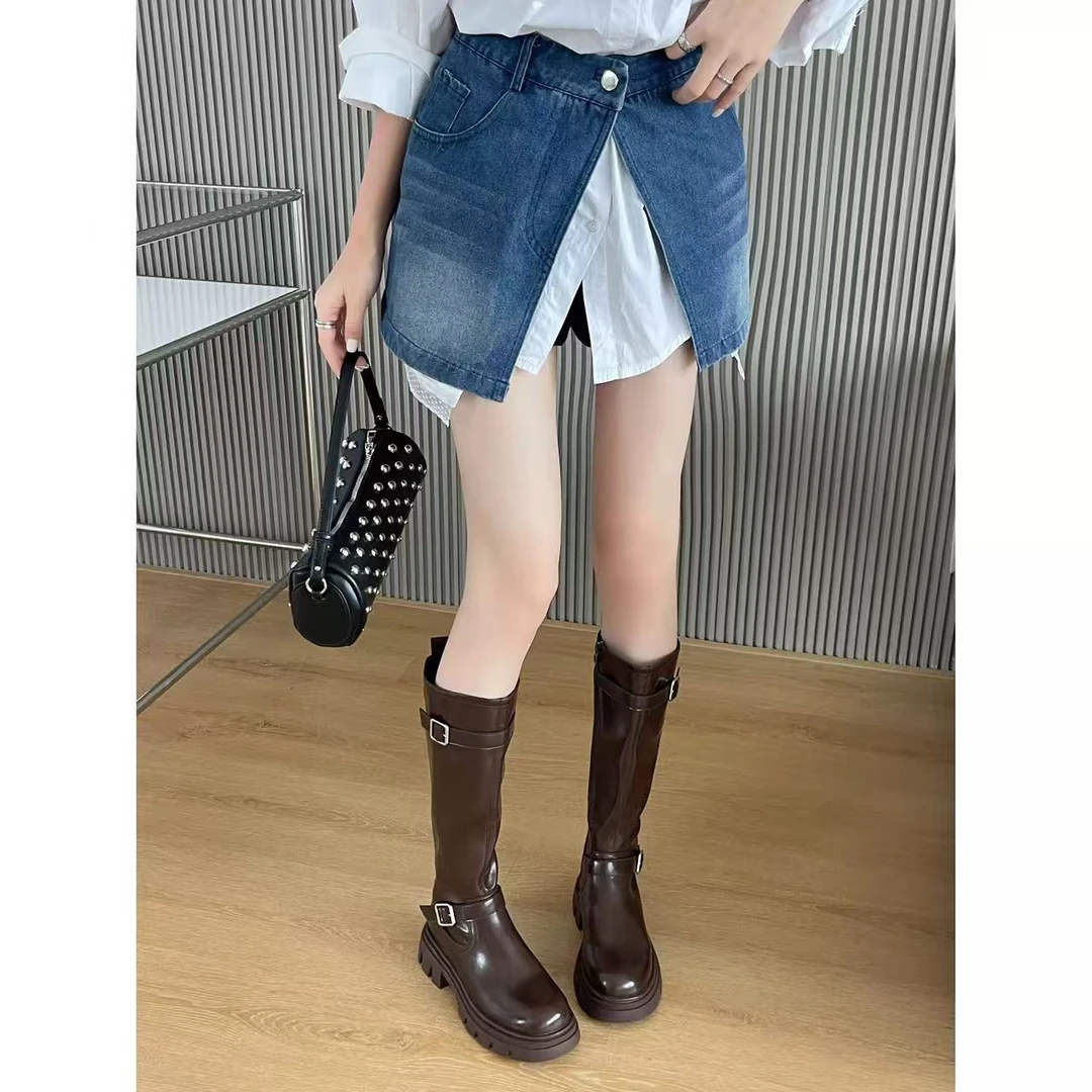 W99-628长筒靴女秋冬女靴马丁靴侧拉炼高筒骑士靴薄绒