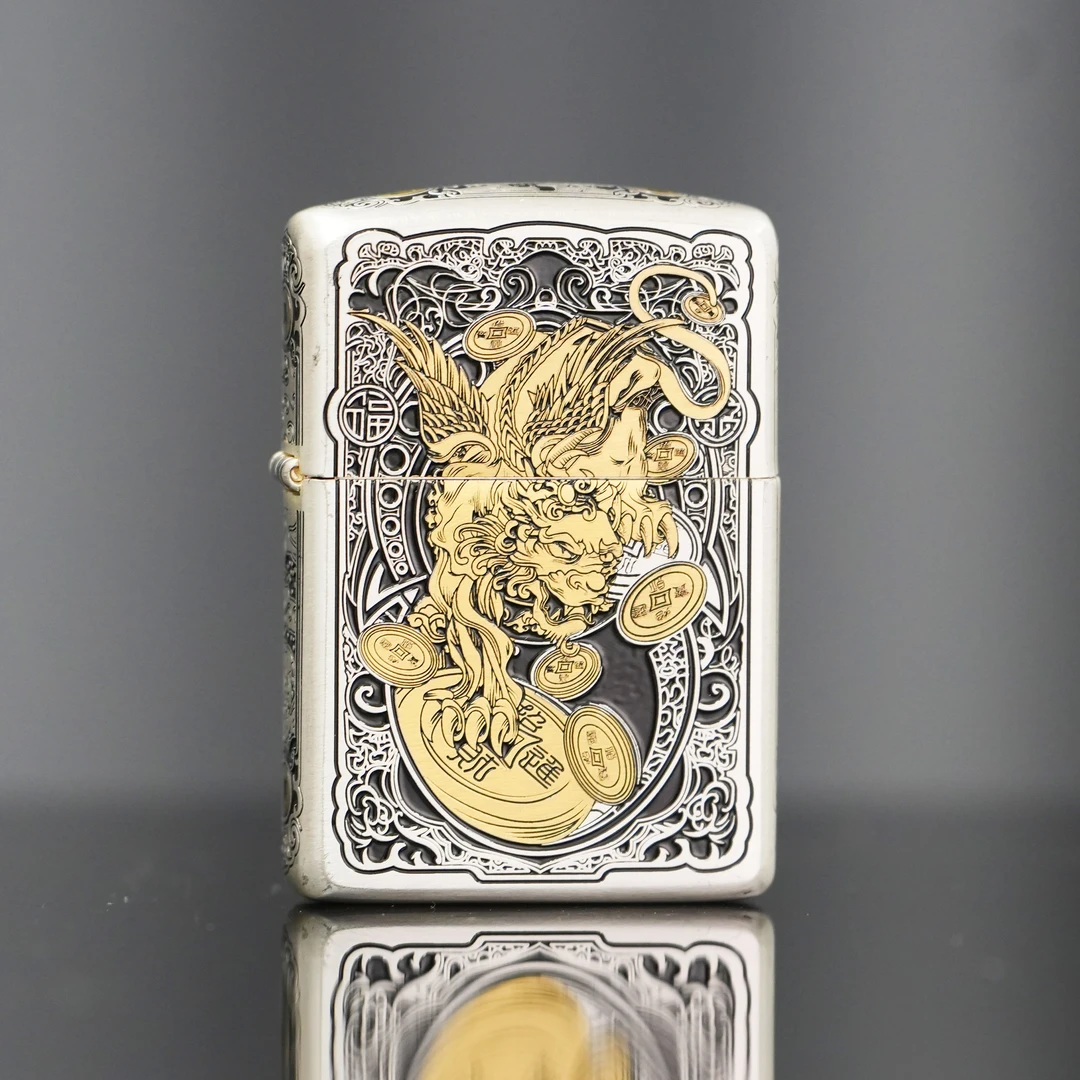 ZIPPO/之宝镀银黑金貔貅 盔甲正品打火机男士双面金色银色双色