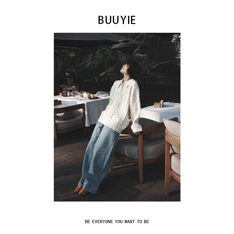 BUUYIE 25SS【织纡】时尚高级感菱格纹米色百搭设计感针织衫 250245