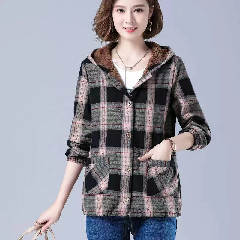 7772-中老年妈妈装秋冬加厚保暖格子上衣保暖百搭妈妈装外套（5F）